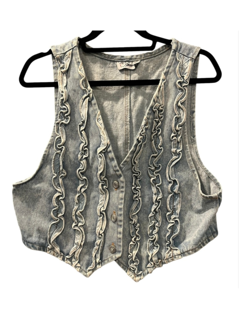 VTG Sharnel Ruffle Denim Crop Vest Western Y2K Cowboy Core Light Wash Size Med
